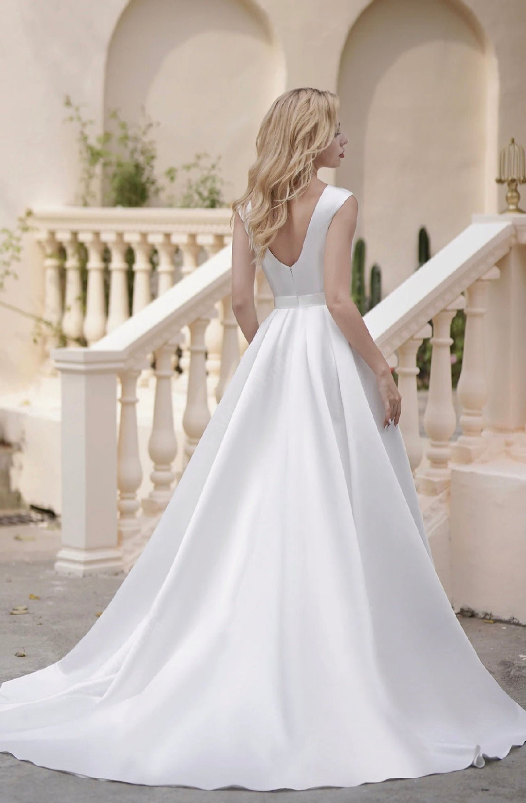 Vintage Simple Long Satin A-Line Light Ivory Wedding Dresses With Pockets - WonderlandByLilian