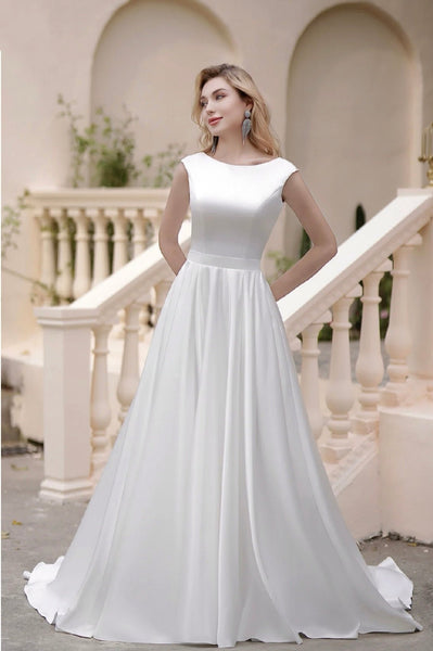 simple cream wedding dresses Vintage Long Satin A-Line Light Ivory With Pock – WonderlandByLilian Long sleeve Light Yellow A-line V Category_ luxury neck sleeveless wedding dress Shirt Size:S