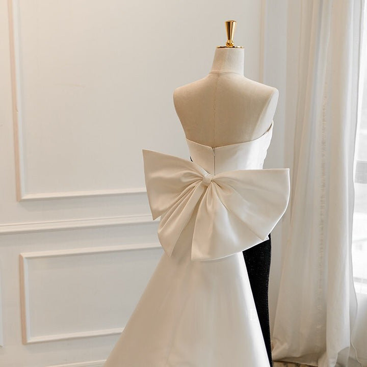 White And Black Simple Gothic Off Shoulder Formal Dress With Train With Bow Tie Plus Size - WonderlandByLilian