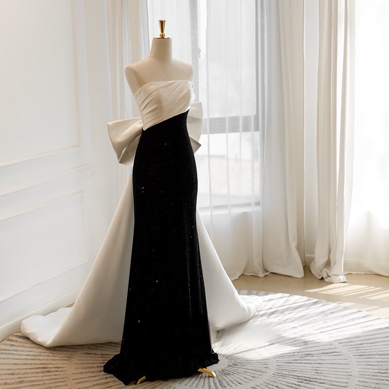 White And Black Simple Gothic Off Shoulder Formal Dress With Train With Bow Tie Plus Size - WonderlandByLilian