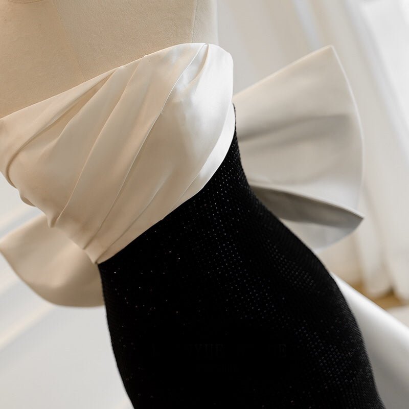 White And Black Simple Gothic Off Shoulder Formal Dress With Train With Bow Tie Plus Size - WonderlandByLilian