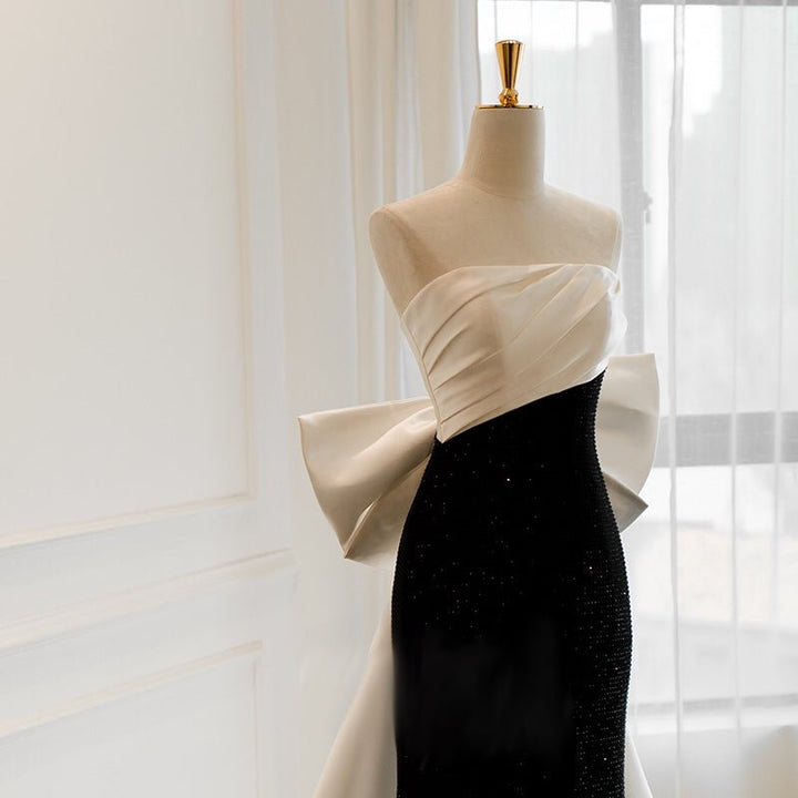 White And Black Simple Gothic Off Shoulder Formal Dress With Train With Bow Tie Plus Size - WonderlandByLilian