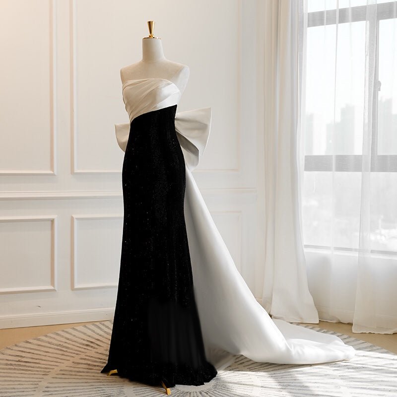 White And Black Simple Gothic Off Shoulder Formal Dress With Train With Bow Tie Plus Size - WonderlandByLilian