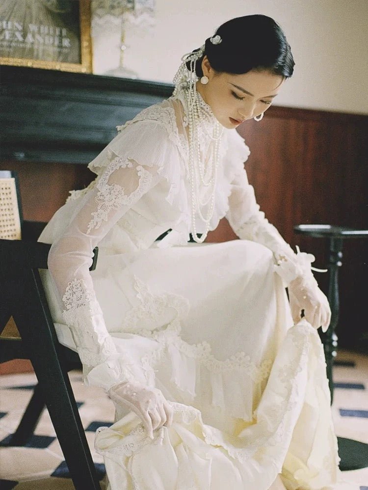 White Modest Lace Wedding Dress - Vintage Victorian Wedding Dress - WonderlandByLilian