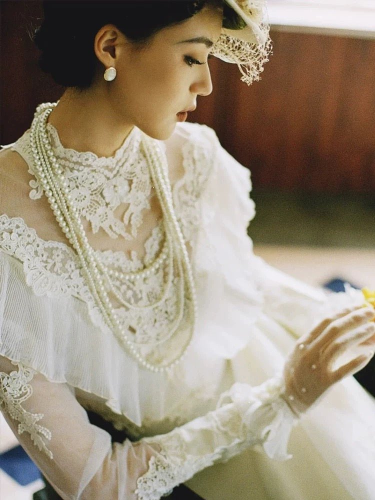 White Modest Lace Wedding Dress - Vintage Victorian Wedding Dress - WonderlandByLilian