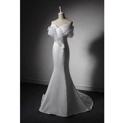 White Off-shoulder Satin Mermaid Boho Wedding Dress - White Formal Dress Plus Size - WonderlandByLilian