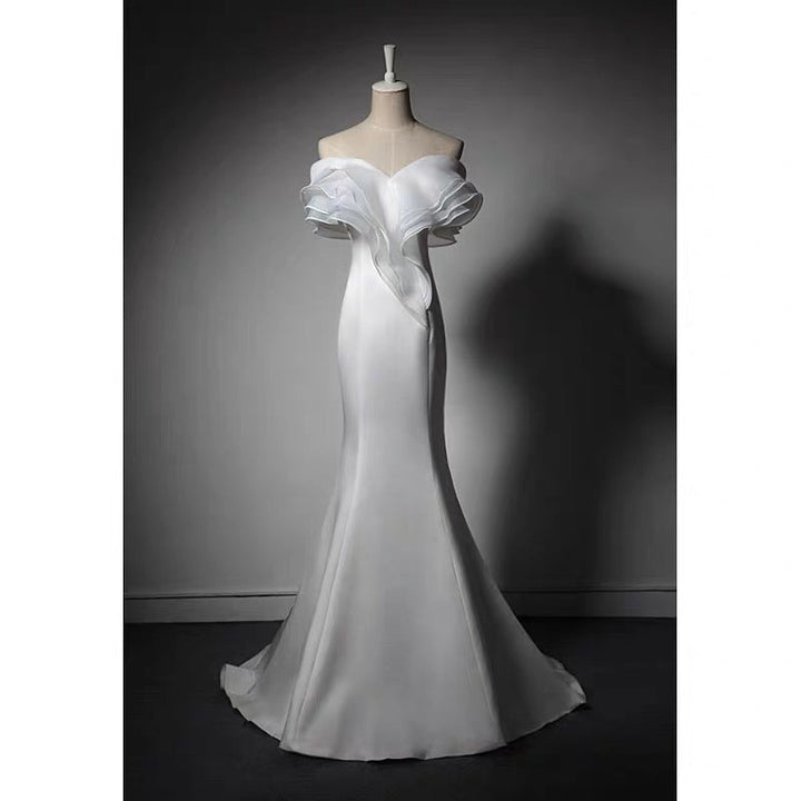 White Off-shoulder Satin Mermaid Boho Wedding Dress - White Formal Dress Plus Size - WonderlandByLilian