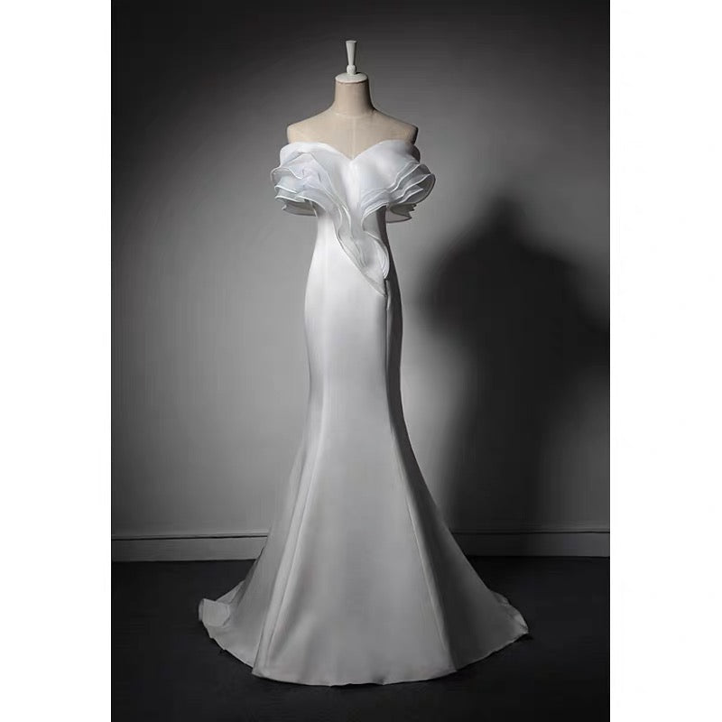 White Off-shoulder Satin Mermaid Boho Wedding Dress - White Formal Dress Plus Size - WonderlandByLilian