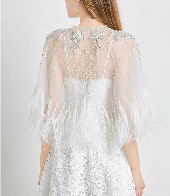 White Short Wedding Cloak With Beading Feather Trim - WonderlandByLilian