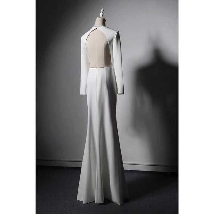 White V-neck Long Sleeve Backless Wedding Dress - Formal Dress With Crystal - Plus Size - WonderlandByLilian