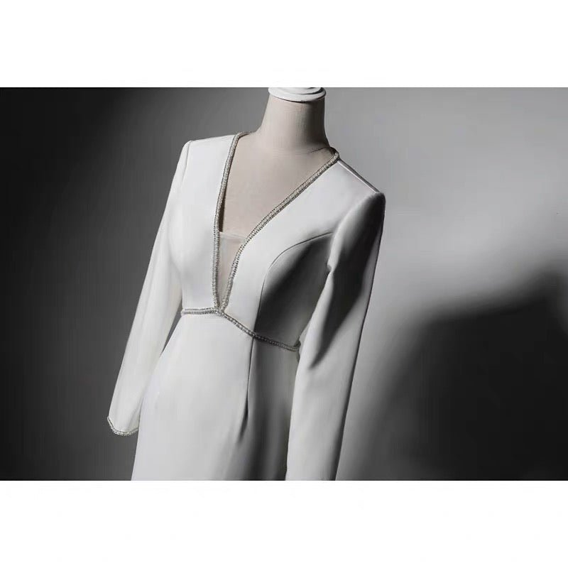 White V-neck Long Sleeve Backless Wedding Dress - Formal Dress With Crystal - Plus Size WonderlandByLilian White V-neck Long Sleeve Backless Wedding Dress - Formal Dress With Crystal - Plus Size WonderlandByLilian