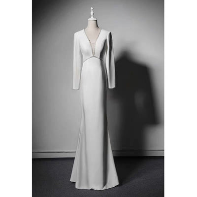 White V-neck Long Sleeve Backless Wedding Dress - Formal Dress With Crystal - Plus Size - WonderlandByLilian